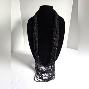 VTG Black Glass Seed Bead Multi Strand Statement Necklace 40” L Adjustable
